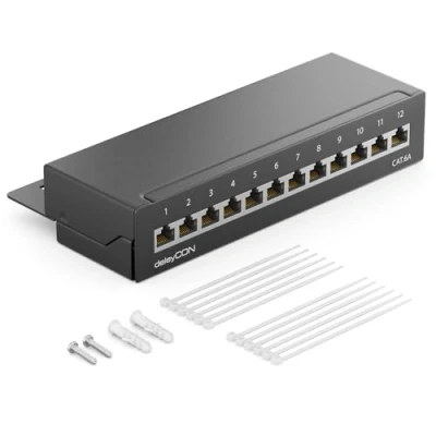 Afbeelding van deleyCON CAT 6a Patchpanel Distributiepaneel 12 Poorts Desktop &amp; Wandbevestiging Afgeschermd 12x RJ45 Aansluiting TIA568A TIA568B Zwart