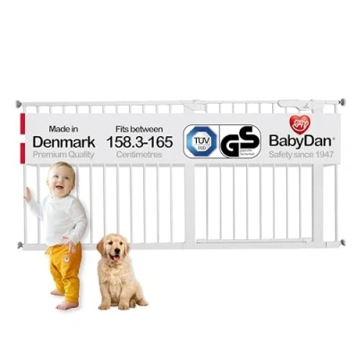 Afbeelding van BabyDan Premier, extra brede drukpassende, traphek, dekt openingen tussen 158,3 165 cm/62,3 64,9 inch, babyhek/veiligheidshek, metaal, wit, Made in Denmark (Pet Gate/Dog gate)