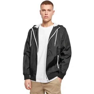 Afbeelding van Build Your Brand Windrunner Herenjas met capuchon en ritssluiting, windbreaker verkrijgbaar in vele kleuren, maten S 5XL, zwart/wit,