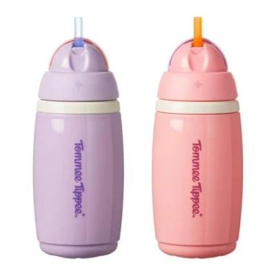 Afbeelding van Tommee Tippee Active Straw geïsoleerde beker, 266 ml, lekvrije drinkfles voor zuigelingen vanaf 12 maanden, scharnierend deksel houdt het rietje schoon, roze en paars, 2 stuks