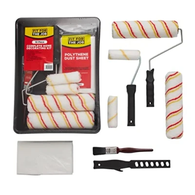 Afbeelding van Fit For The Job Woningdecoratieset verfroller en bakkenset met verfkwast, stofdeken, roerstokje Rollersets voor verven van muren plafonds emulsie, miniroller emulsie