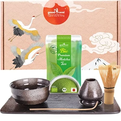 Afbeelding van Goodwei matcha thee Set voor Japanse theeceremonie, 6 delig schaal, bezemhouder en dienblad in passend design met echte biologische uit Japan (Goma)