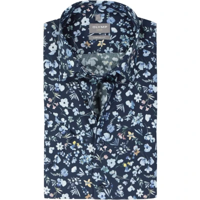Afbeelding van OLYMP comfort fit overhemd korte mouw popeline marine blauw dessin Maat: 40 Strijkvrij Boordmaat: