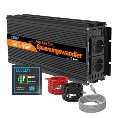 Afbeelding van EDECOA Omvormer Zuivere Sinus 3500W Auto 12v naar 230v Spanningsomvormer 12 V 230 Inverter Pure Sine Wave met Afstandsbediening 2 EU Stopcontacten USB Poorten