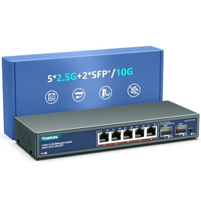 Afbeelding van 7 poorts 2.5G Umanaged Ethernet switch, 5 x Base T poorten, 2 10G SFP, 10/100/1000M compatibel, metalen ventilatorloos, desktop/wandmontage YuanLey 2.5Gbe netwerkschakelaar voor draadloze AP,