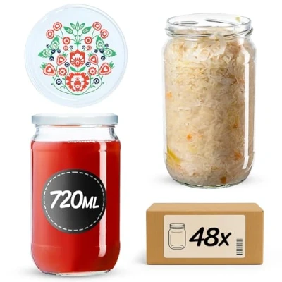 Afbeelding van KADAX Weckpotten, 720 ml, inmaakpotten voor schroefdeksel, jampot, voorraadpot, conservenglas, ronde potten (folklore/48 stuks)