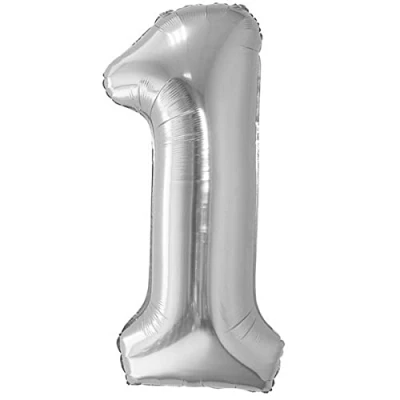 Afbeelding van Ballon 1e Verjaardag Nummer 1 Zilver XXL Gigantische Folieballon 100 cm Decoratie Ballonnummer Deco voor Verjaardag. Vliegt met Helium.