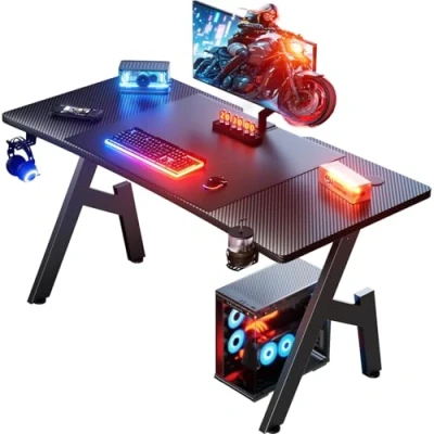 Afbeelding van HLONONE Gaming Bureau 140 x 60cm, Tafel, Stabiel PC tafel met koolstofvezel tafelblad, Ergonomisch Computerbureau Bekerhouder Hoofdtelefoonhaak, Zwart