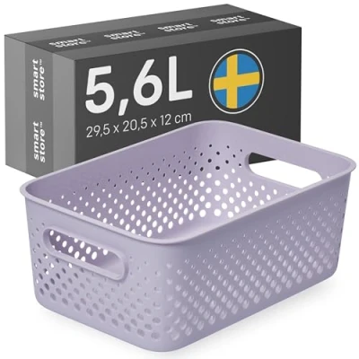 Afbeelding van SmartStore Middelgrote opbergmand 5,6 l, lavendel, keuken, badkamer, kantoor, speelgoedorganizer, vuilnisbak met handgrepen, 10 jaar garantie, nestbaar, 29,5 x 20,5 12 cm (l b h)
