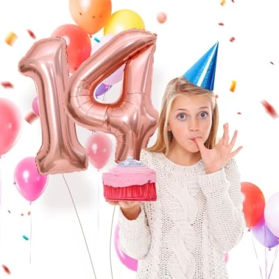 Afbeelding van 14e verjaardag rose goud 35,6 cm cijferballon 14 ballon decoraties voor man en vrouw opblaasbare folieballon