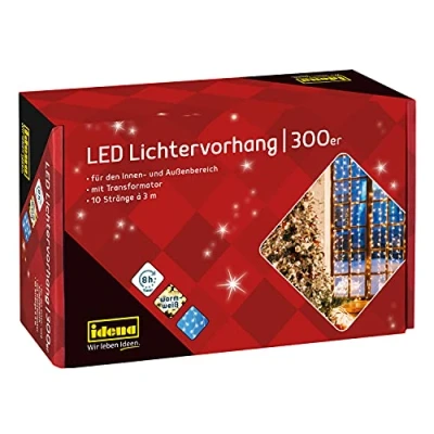 Afbeelding van Idena 31856 Led lichtgordijn met 300 leds in warmwit, 8 uur timerfunctie en transformator, 10 strengen ca. 3 x m groot, decoratie voor binnen buiten, als feestdecoratie, kerstdecoratie