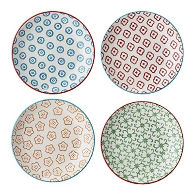 Afbeelding van Bloomingville Bord klein Emma Retro schoteltjes broodborden rond ø 13 cm, blauw rood oranje groen, keramiek, set van 4