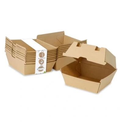 Afbeelding van BIOZOYG Take Away Burgerdoos 250 stuks, robuuste hamburgerdozen met hoog klapdeksel, hamburgerdoos van kraftkarton, stabiele To Go Burgerverpakking, karton, bruin, 13 x 14 8 cm, biologisch