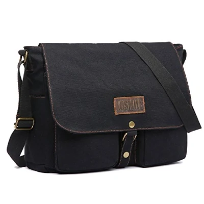 Afbeelding van LOSMILE 15,6 inch laptopschoudertas voor heren, vintage canvas Tas school en werk, grote maat., Zwart, L, Messenger