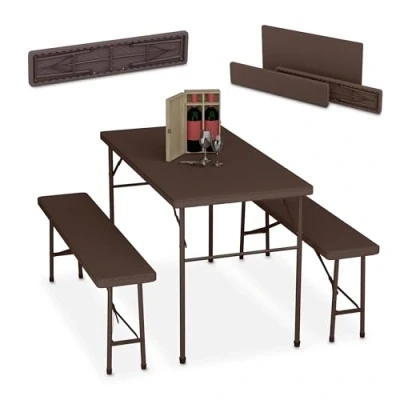 Afbeelding van Relaxdays biertafel set klaptafel 3 delige bierbank tuintafel kunststof staal bruin