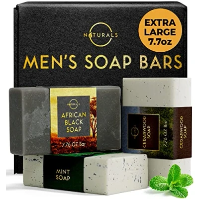 Afbeelding van O Naturals Zeep voor Mannen 3 stuks Natuurlijke herenzeep Lichaamszeep Biologische Peelingzeep Afrikaans zwart, cederhout, munt