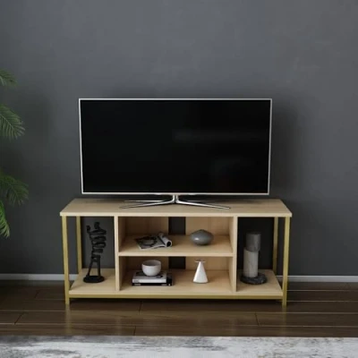 Afbeelding van Awzil TV meubel L120cm Goud Metaal en Licht Eiken Hout Menzzo