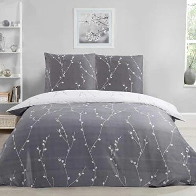 Afbeelding van Sleepdown Willow Floral Grijs Ultra Zacht Onderhoudsvriendelijk Hypoallergeen Gedrukt Wit Omkeerbaar Dekbedovertrek Quilt Beddengoed Set 200cm x + 2 Kussenslopen 80cm