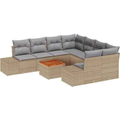 Afbeelding van vidaXL 9 delige Tuinsalonset met Kussens Beige Poly Rattan Acacia