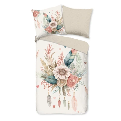Afbeelding van Dekbedovertrek 155x220 cm Bloemen en Veren Print Ecru 1 Persoons 100% Katoen Oeko Tex Gecertificeerd