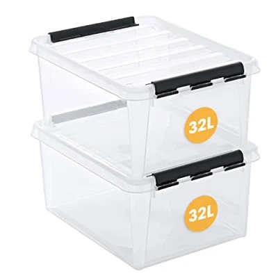 Afbeelding van SmartStore opbergboxen 32l (2 stuks) verstevigd, transparant, 10 jaar garantie, geschikt voor levensmiddelen, clipsluiting, stapel en nestbaar, BPA vrij l50 x b39 h26cm