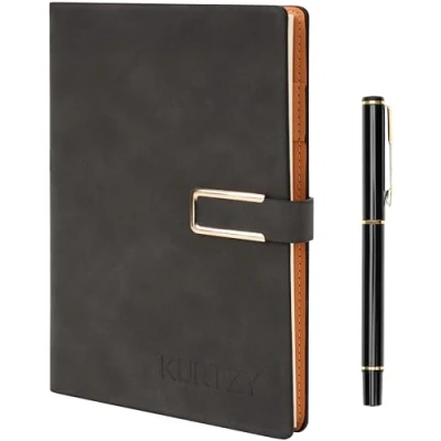 Afbeelding van Kurtzy Dark Grey PU Leather Notebook with Pen Refillable A5 Writing Journal Thick Pages Lined Paper Travel Diary for Business, Work &amp; School