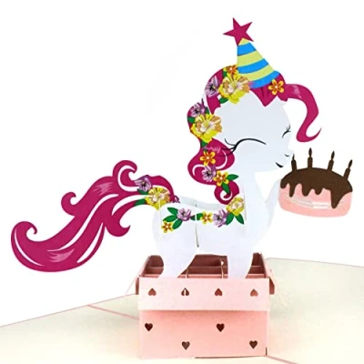 Afbeelding van MOKIO® Pop Up Verjaardagskaart Gelukkige Verjaardag Pony met cadeau en cake 3D wenskaart voor een verjaardag, geweldig geldgeschenken, handgemaakte cadeaukaart envelop