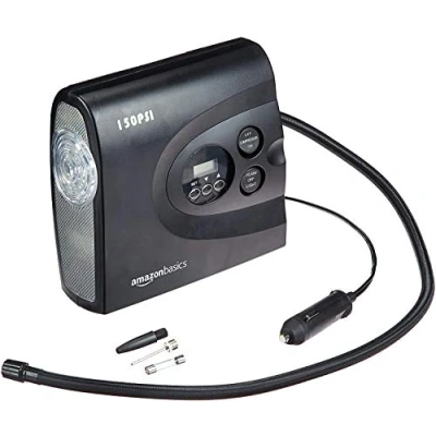 Afbeelding van Amazon Basics Luchtcompressor, compacte draagbare bandenpomp, automatische uitschakeling, met ledlicht, DC 12 V, 10,3 bar, zwart