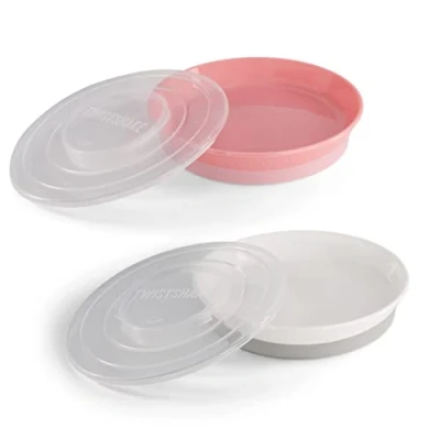 Afbeelding van Twistshake 2x Baby Bordjes met Luchtdicht Deksel voor Kinderen BPA Vrij Eet Training Bordje Wit Roos