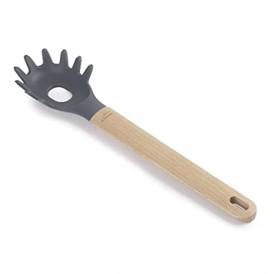 Afbeelding van LACOR 68189 Nudellepel, siliconen, professioneel, spaghetti server, handvat van beukenhout, beschadigt de pan, hittebestendig, BPA vrij, 32,5 cm, grijs en houtkleur