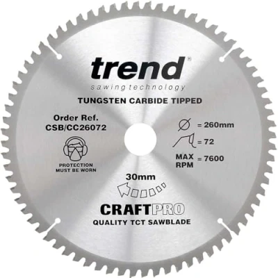 Afbeelding van Trend CraftPro crosscutting TCT cirkelzaagblad met negatieve haaksnede, 260 mm diameter x 72 tanden 30 asgat, wolfraamcarbide getipt, CSB/CC26072