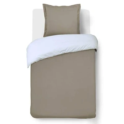 Afbeelding van Vision Tweezijdig beddengoed tweekleurig taupe / wit dekbedovertrek 140 x 200 cm met 1 kussensloop voor eenpersoonsbed 100% katoen