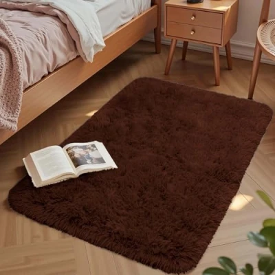 Afbeelding van Aspire Homeware Tapijten voor woonkamer bruin vloerkleden, 50 x 80 cm, slaapkamer, antislip moderne superzachte dikke pool, klein pluizig ruig vloerkleed, niet pluizend