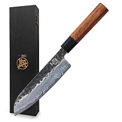 Afbeelding van MITSUMOTO SAKARI 19 cm Japans Santoku Koksmes, Hoog Koolstofstaal Scherp Keukenmes, Hand Gesmeed Keukenmes Professioneel (Rozenhout Handvat &amp; Geschenkdoos)