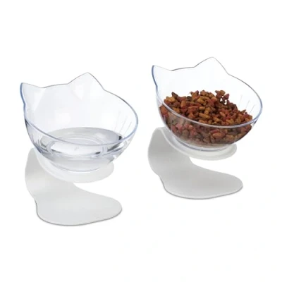 Afbeelding van Relaxdays verhoogde voerbak kat set van 2 500 ml 15x13x15 cm drinkbak wit transparant