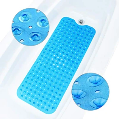 Afbeelding van ADOV Douchemat, 100 x 40 cm Extra Lange Badmat Antislip met 200 Sterk Zuignappen en Afvoergaten, Antibacterieel Machinewasbaar Schimmelbestendig Badkamermat, Badkuipmat voor Kinderen, Ouderen Blauw