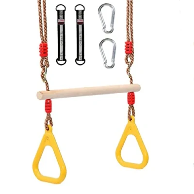 Afbeelding van Morwealth Multifunctionele houten trapeziumschommel met kunststof ringen, turnringen, ringen om op te hangen, belastbaar tot 120 kg, voor binnen en buiten (geel)