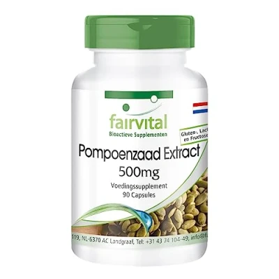 Afbeelding van fairvital Pompoenzaad extract 500 mg 90 capsules 10 voudig geconcentreerd met selenium en vitamine E hoog gedoseerd veganistisch Made in Germany