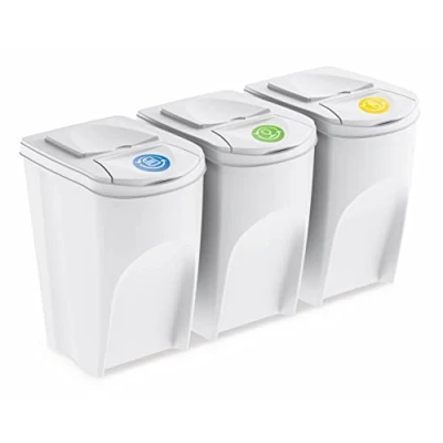 Afbeelding van Sortibox Vuilnisbak met deksel 35 l set van 3 / wit stapelbaar afvalscheidingssysteem afvalsorteerder scheider systeem scheidingsmanden klep