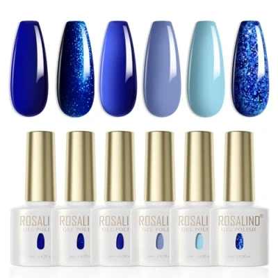 Afbeelding van ROSALIND UV Nagellak Blauw,6 Kleuren unkelblauw Glitter Marine Hemelsblauw Oceaan Kobaltblauw Sparkle Diamonds Zomer Lente Gel Nagels Shellac Soak Off LED Polish