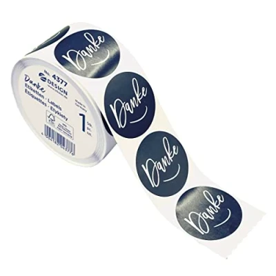 Afbeelding van AVERY Zweckform 600 stickers &quot;Dank&quot; (Made in Germany, Ø 38 mm, nachtblauwe cadeaustickers met witte letters, zelfklevende cadeaudecoratie, kaarten, zakjes, waardebonnen) Dank u op rol, 4377