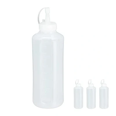 Afbeelding van Relaxdays knijpfles, set van 4, voor sauzen, navulbaar, beslagfles plastic, doseerfles met dop, 1000 ml, doorzichtig