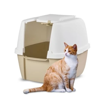 Afbeelding van Iris Ohyama, kunststof kattenbak met schep, deksel en draaideur, B53 x D46,5 H44 cm, afneembare rand, BPA vrij, voor grote katten, CLH 17J, wit/beige