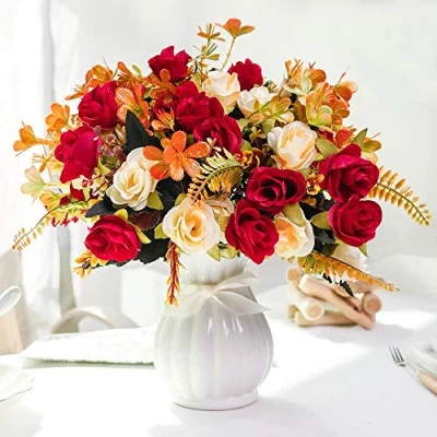 Afbeelding van LESING Kunstmatige zijden roos met vaas nepbloemen bruiloft bloemen boeketten arrangement thuiskantoor feest middelpunt tafeldecoratie (rood 1)