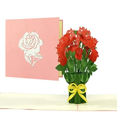 Afbeelding van F22 Verjaardagskaart Rode Rozen Elegante Pop up Kaart voor Verjaardag, Valentijnsdag, Moederdag, Verjaardag met 3D Rozenboeket Wenskaart of waardebon