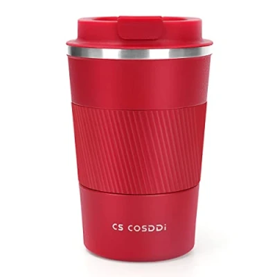 Afbeelding van CS COSDDI thermische reisbeker, geïsoleerde koffiebeker met lekvrij deksel, herbruikbare voor onderweg, in de auto, roestvrijstalen beker warme en koude dranken, koffie, water thee, 380 ml (rood A)