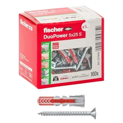 Afbeelding van Fischer Duopower 537645 pluggen met schroef, 5 x 25 mm, voor metselwerk, geperforeerde baksteen, gipsplaat, 100 stuks