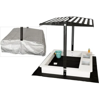 Afbeelding van WONDERMAKE® Zandbak met modderkeuken, dak, afdekking Oxford 420D, vliesfolie, zandbak, hout, vierkant, afsluitbaar, outdoor, tuin, voor kinderen, zwart wit