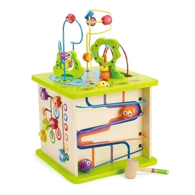Afbeelding van Hape Country Critters Play Cube, Wooden Learning Puzzle Toy for Toddlers, 5 Sided Activity Centre with Animal Friends, Shapes, Mazes, Balls, Shape Sorter Blocks and More