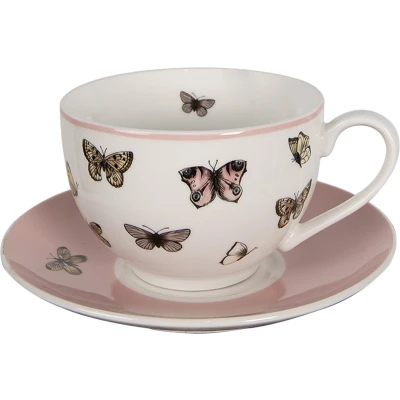 Afbeelding van Clayre &amp; Eef Kop en Schotel 200 ml Wit Roze Porselein Vlinders Servies